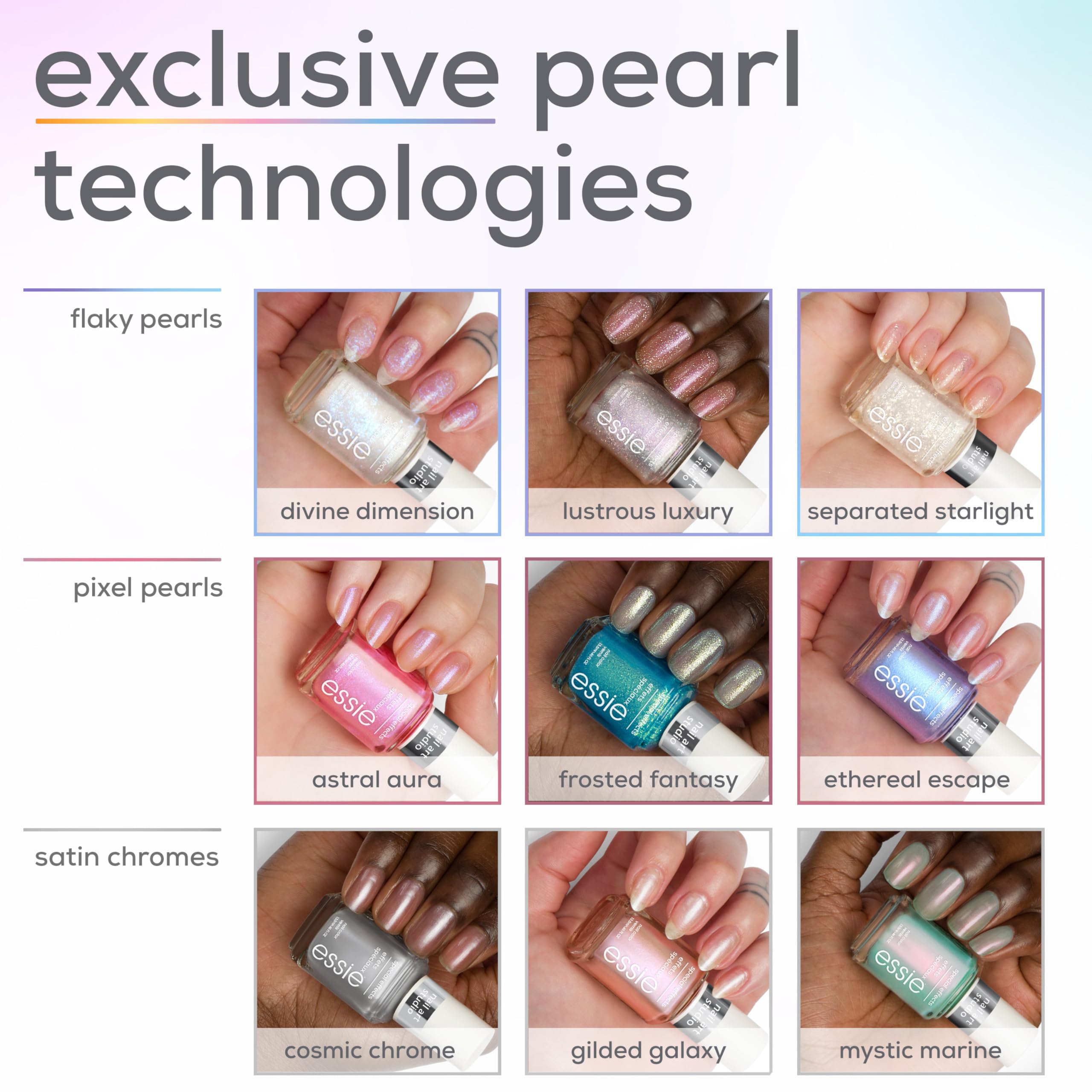 essie separated-starlight glow over dark nails for saturated expression