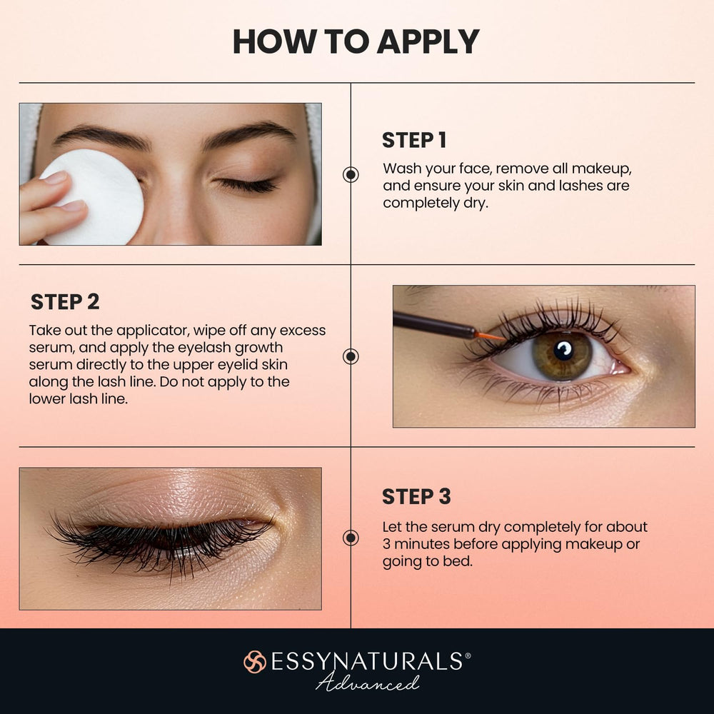 EssyNaturals Advanced before-after lashes illustrate possible length and fullness