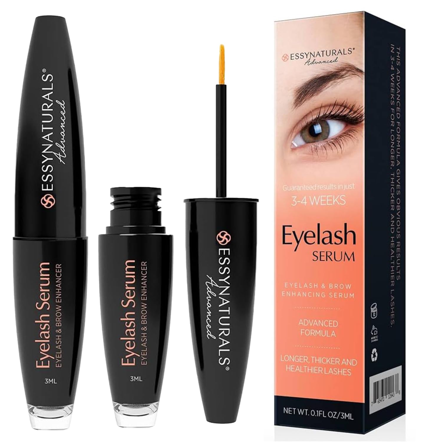 EssyNaturals Advanced eyelash serum bottle supports premium lash growth potential