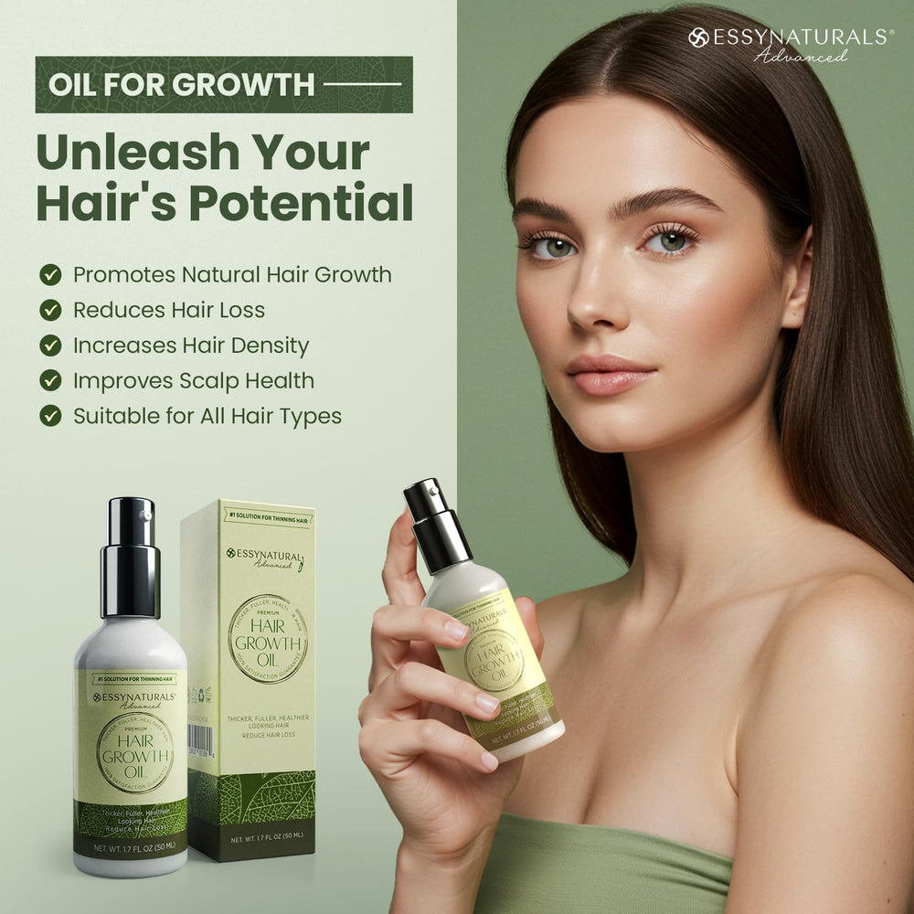 Essynaturals Advanced Hair Growth Oil dropper pouring for controlled application.