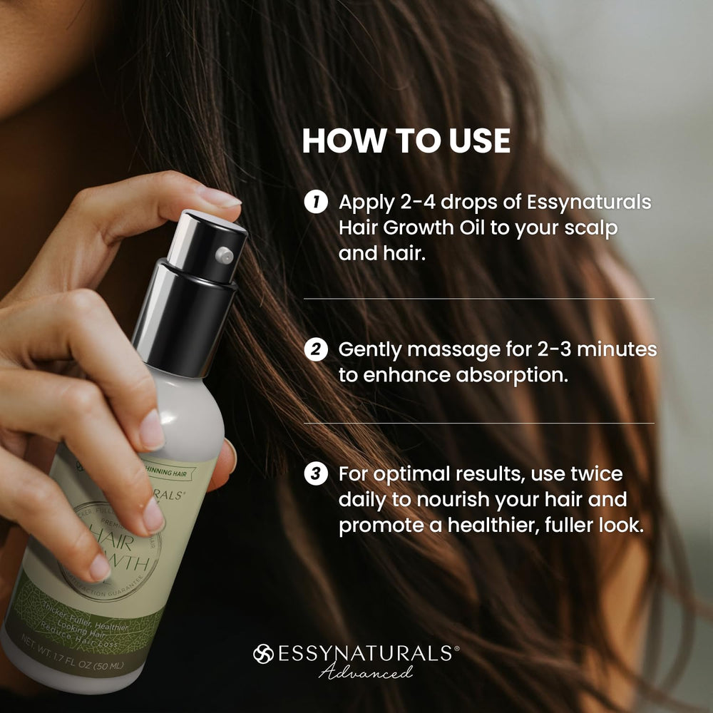 Essynaturals Advanced Hair Growth Oil shown as part of daily routine.
