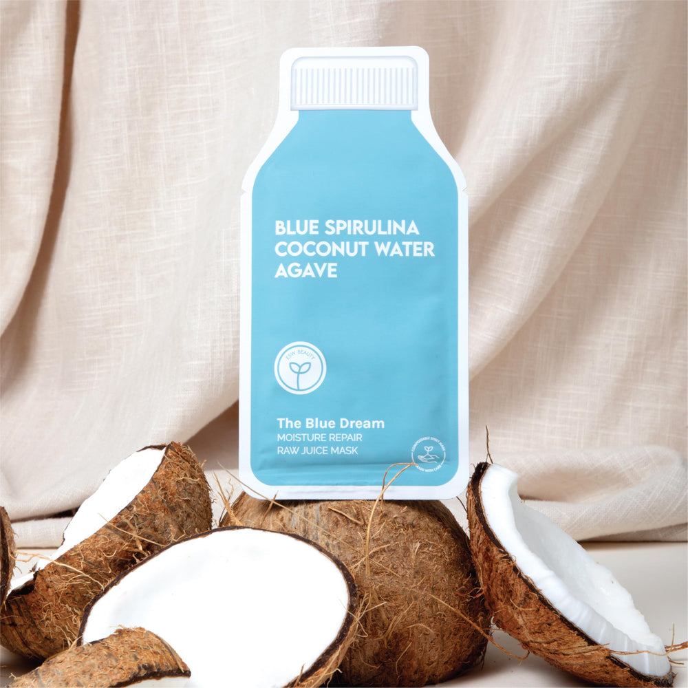 Close-up of blue spirulina essence on The Blue Dream mask with antioxidant notes.