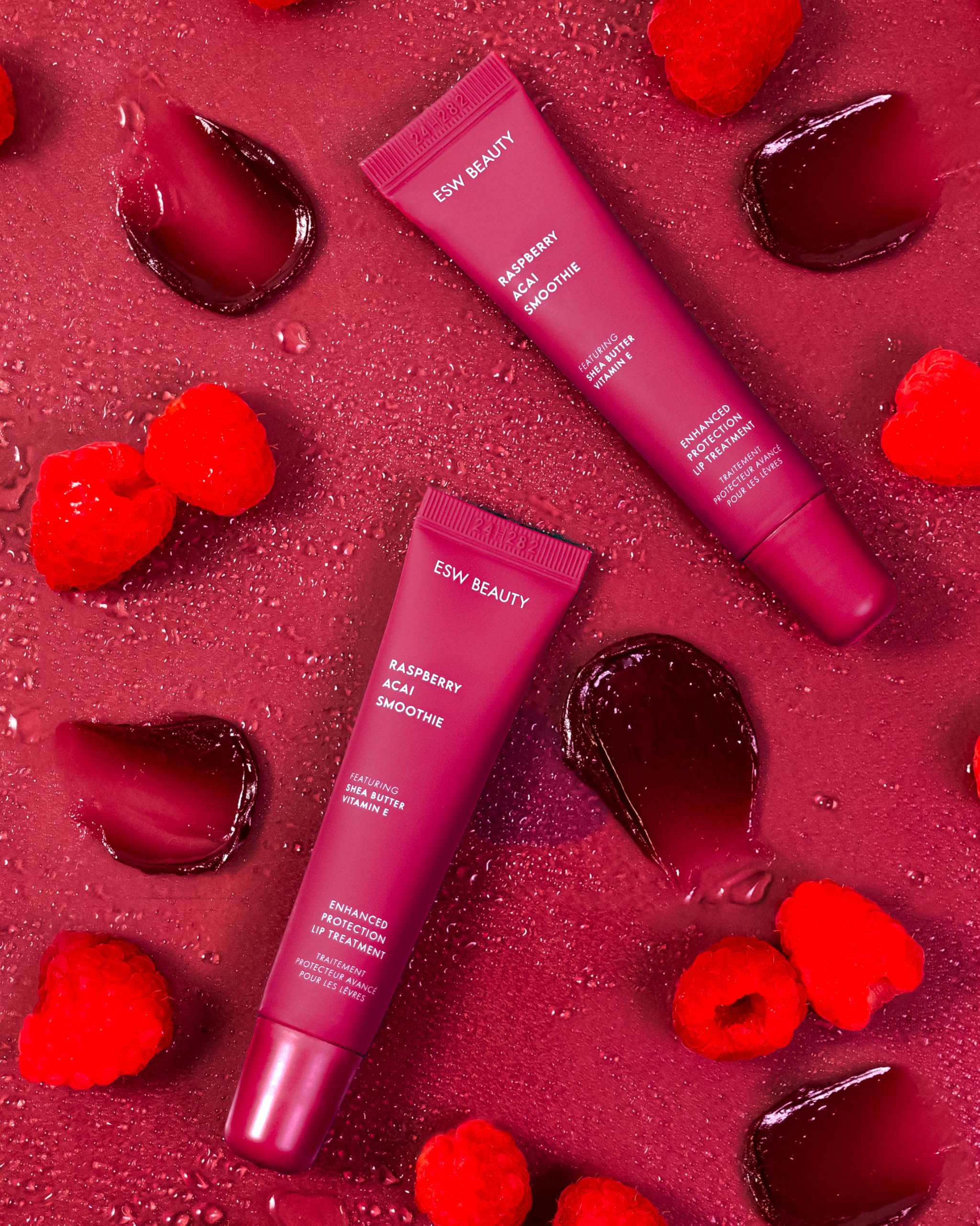 ESW Beauty Raspberry Acai Lip Treatment tube application highlights smooth tint and comfortable wear.