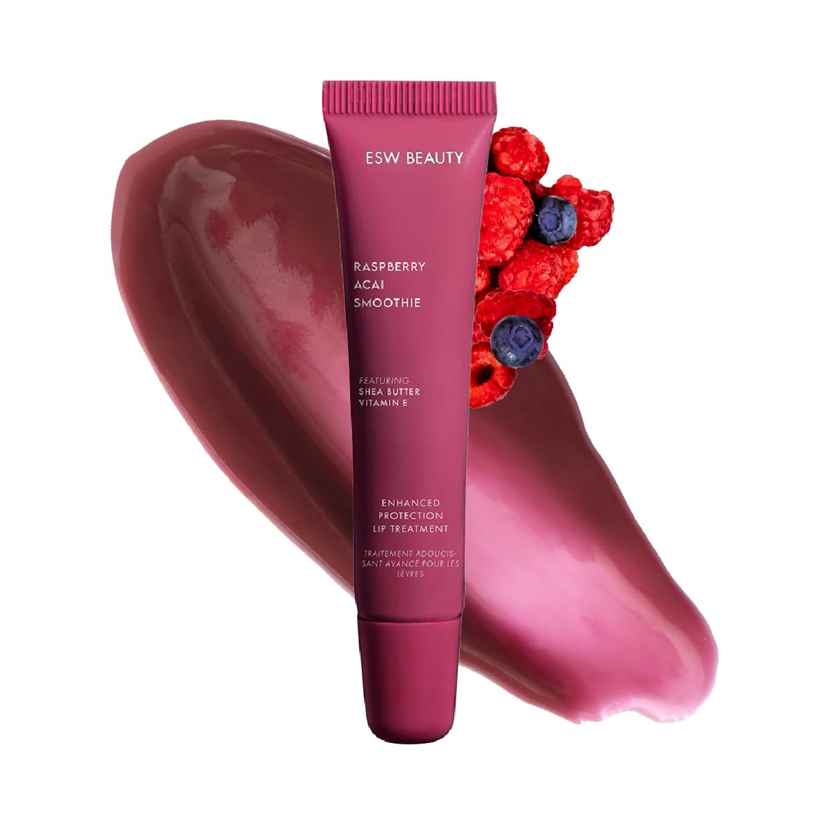 ESW Beauty Raspberry Acai Lip Treatment bottle showing rich berry hydration for soft lips.