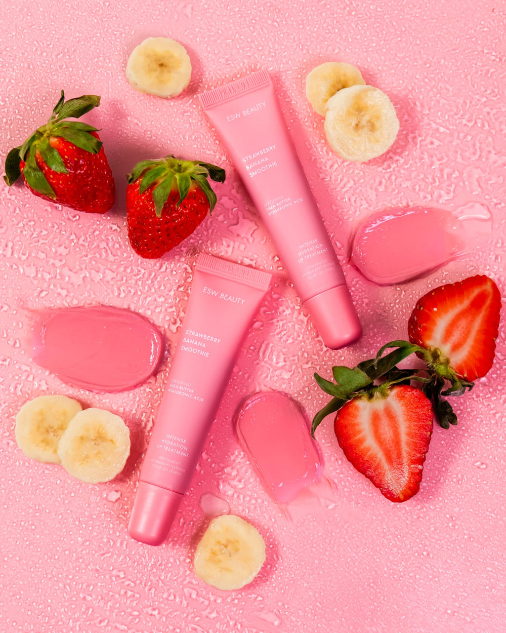 ESW Beauty Strawberry Banana Smoothie Lip Treatment lip-swatch showing soft pink nude tint and moisture.