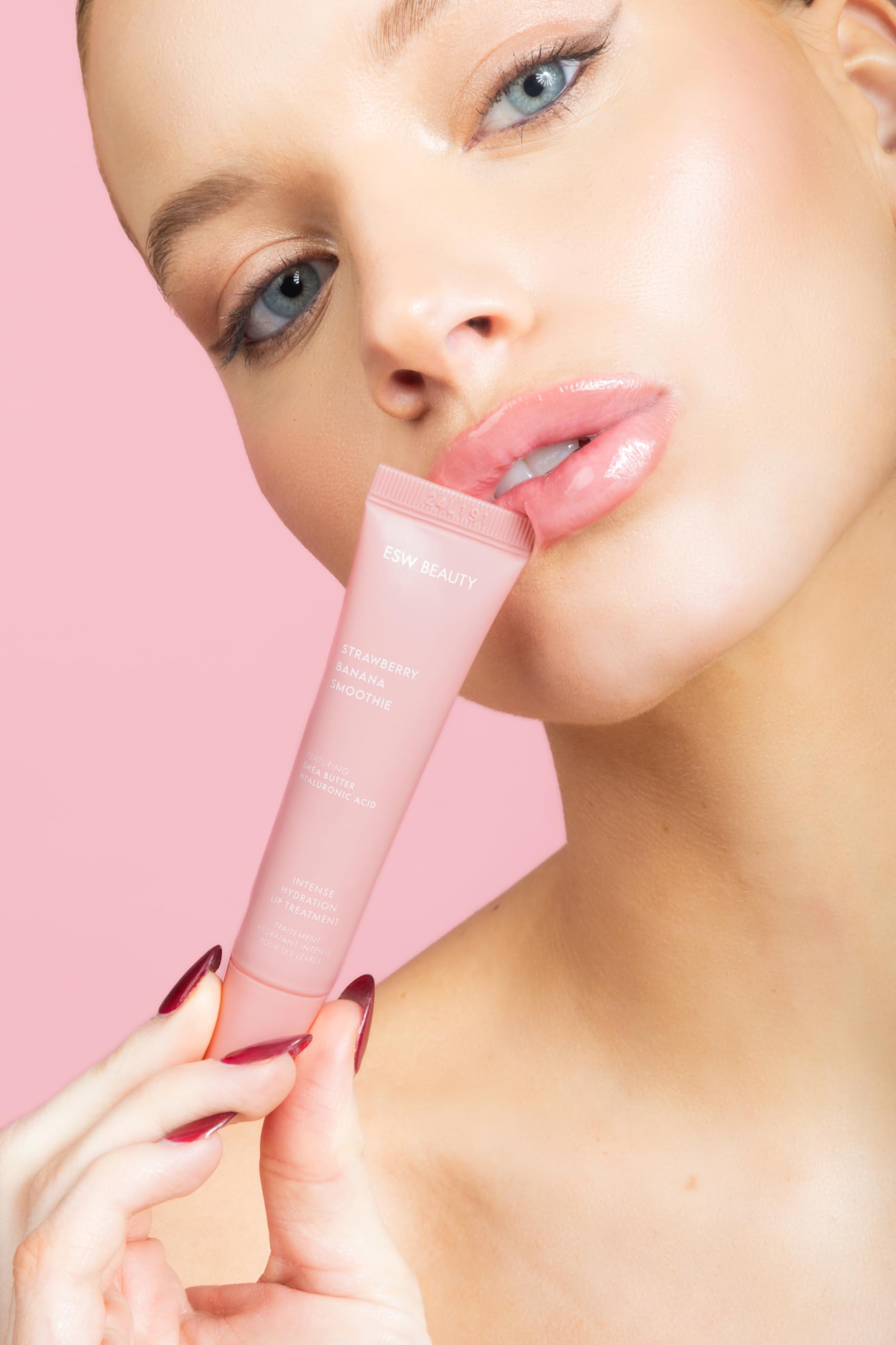 ESW Beauty Strawberry Banana Smoothie Lip Treatment packaging highlights compact design and protection.