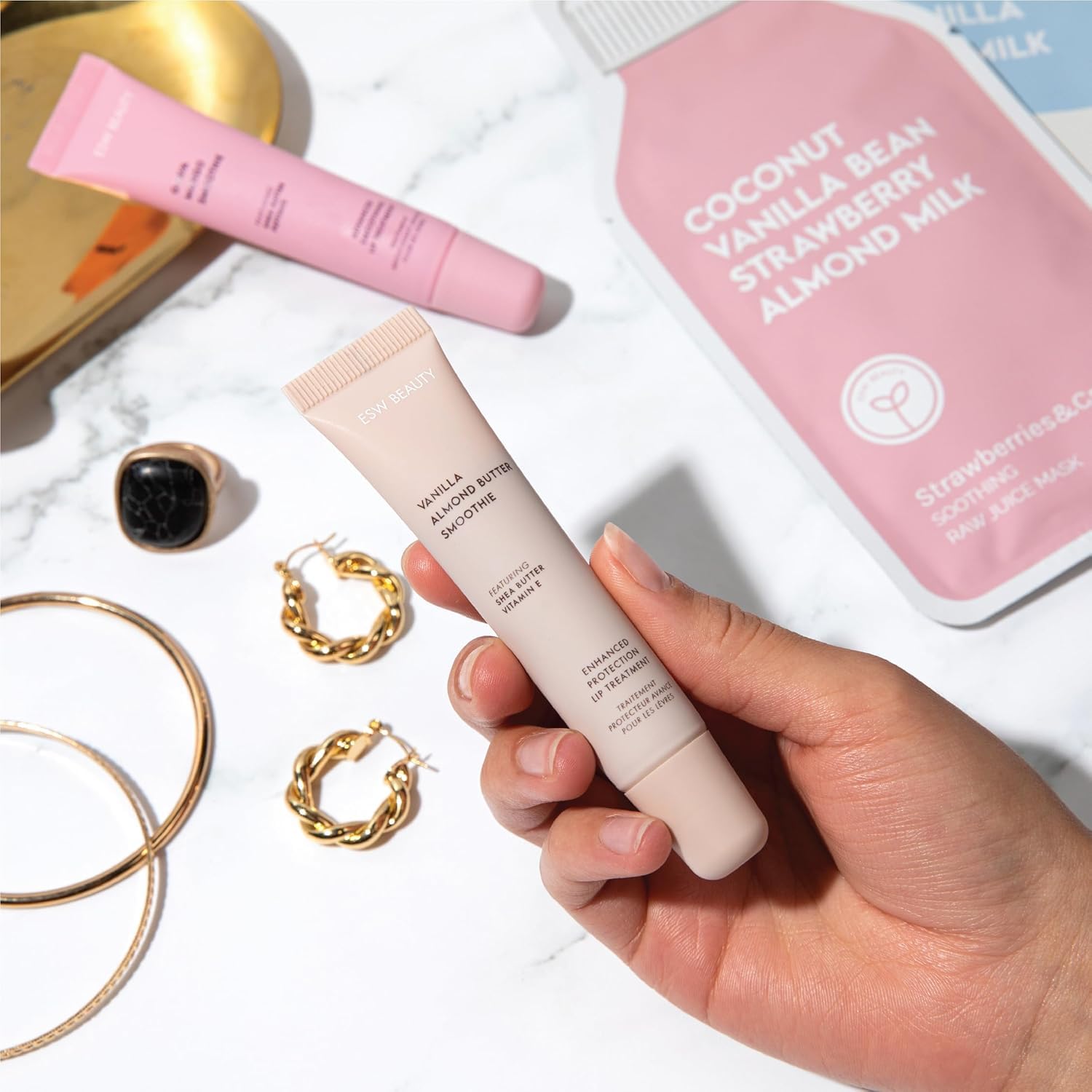 ESW Beauty Vanilla Almond Butter Lip Treatment highlights lasting hydration and skin-barrier support.