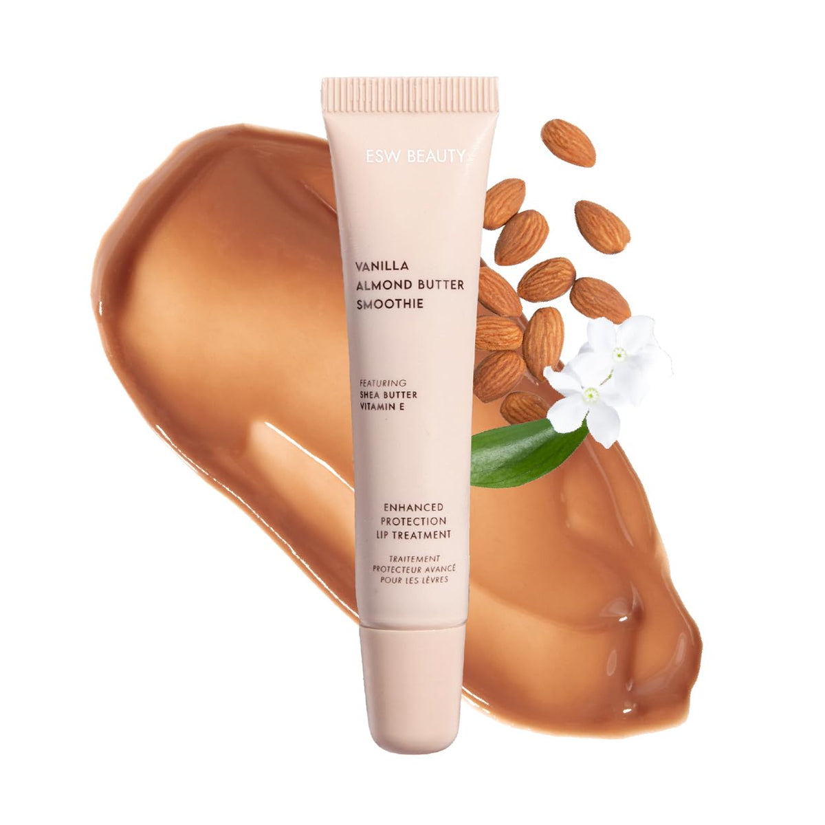 ESW Beauty Vanilla Almond Butter Lip Treatment tube applies creamy tint with nourishing moisture.