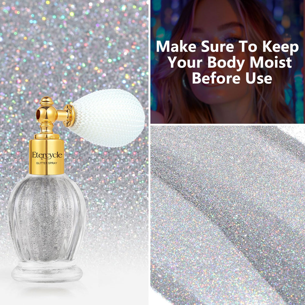 Etercycle Glitter Spray on hair adds subtle sparkle with party-ready drama.