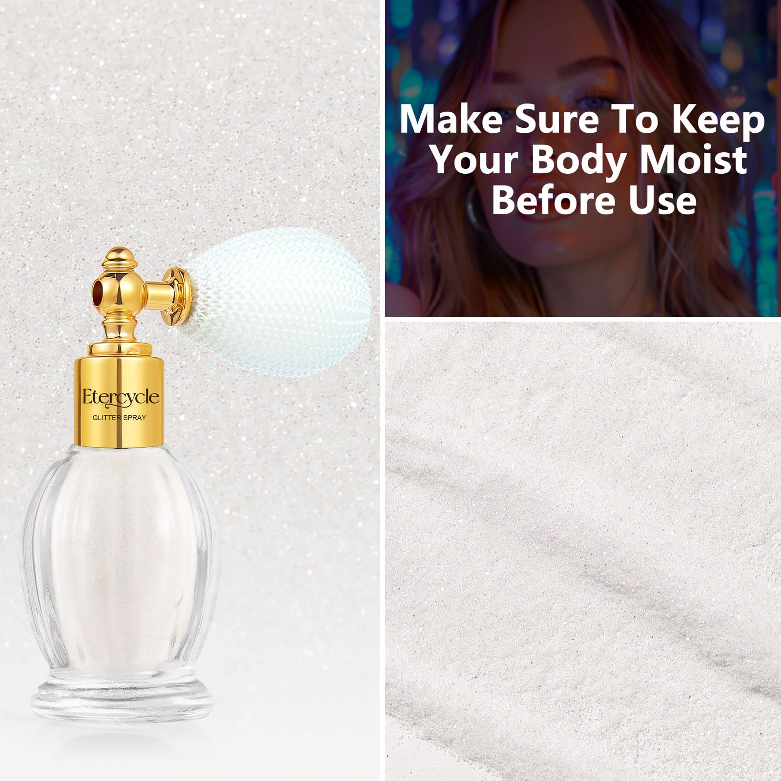 Etercycle Glitter Spray on skin highlights breathable, skin-safe sparkle for natural-looking glow.