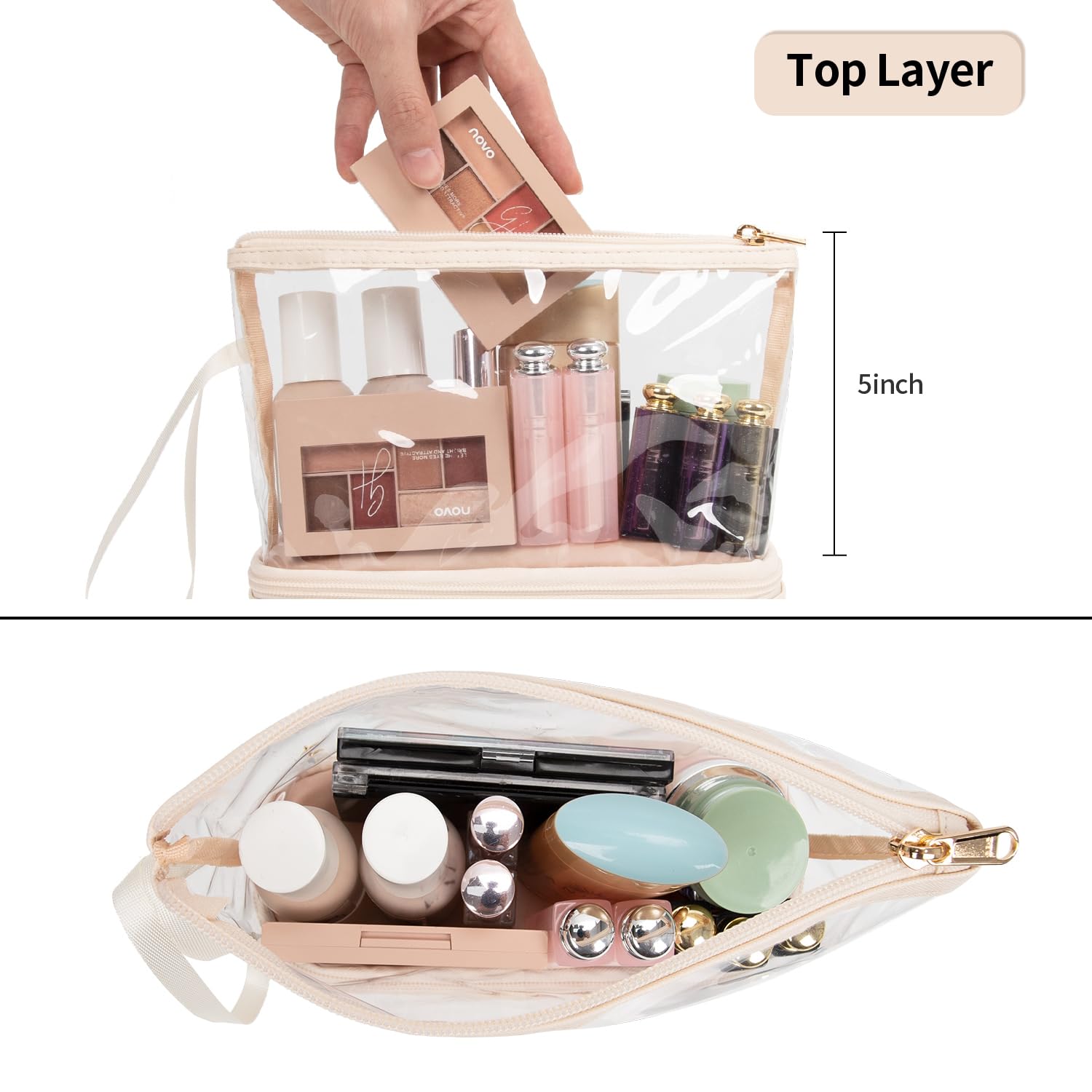 Ethereal Clear Makeup Bag lower-layer storage keeps brushes and pencils neatly separated.