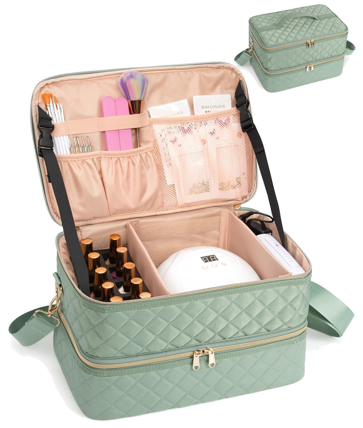 Ethereal nail-polish-organizer-case top layer view for easy access to lamp and bottles