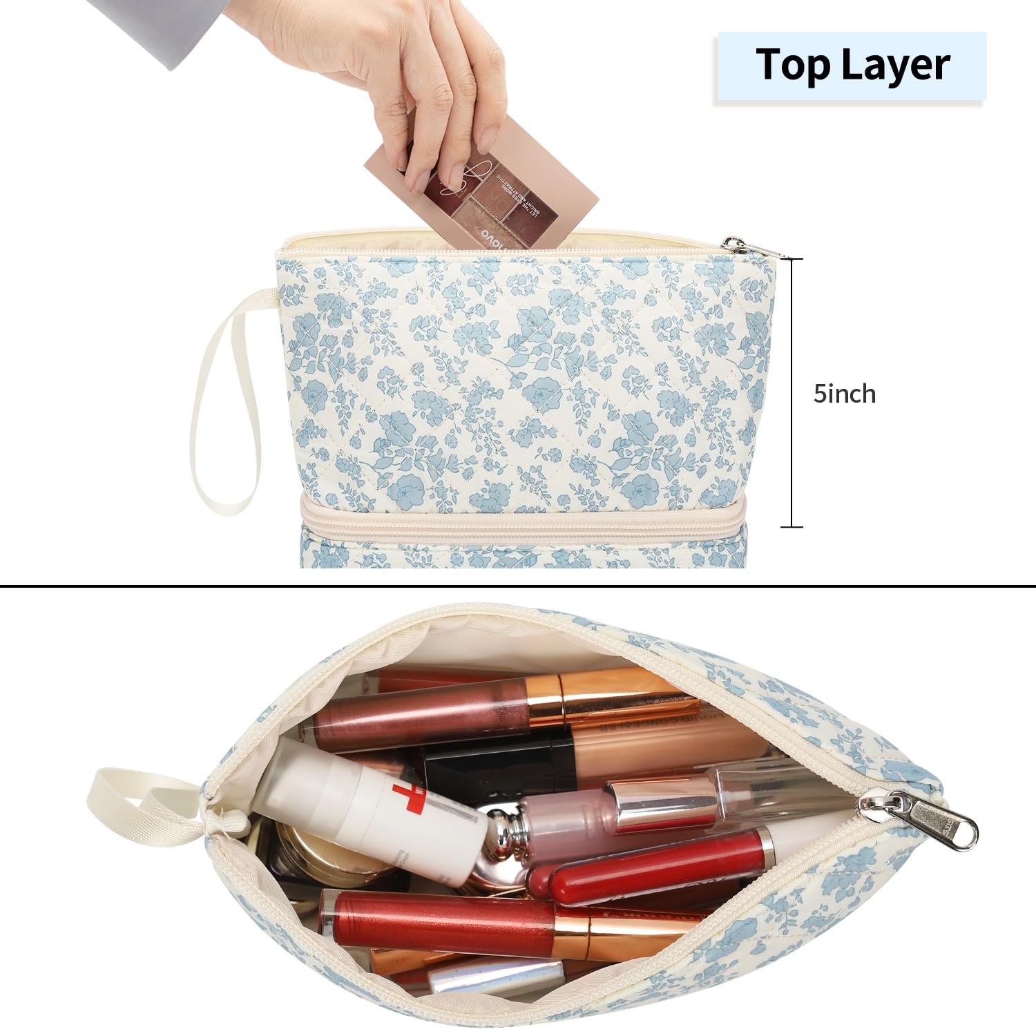 Ethereal small makeup bag lower layer secures brushes for travel-ready setup.