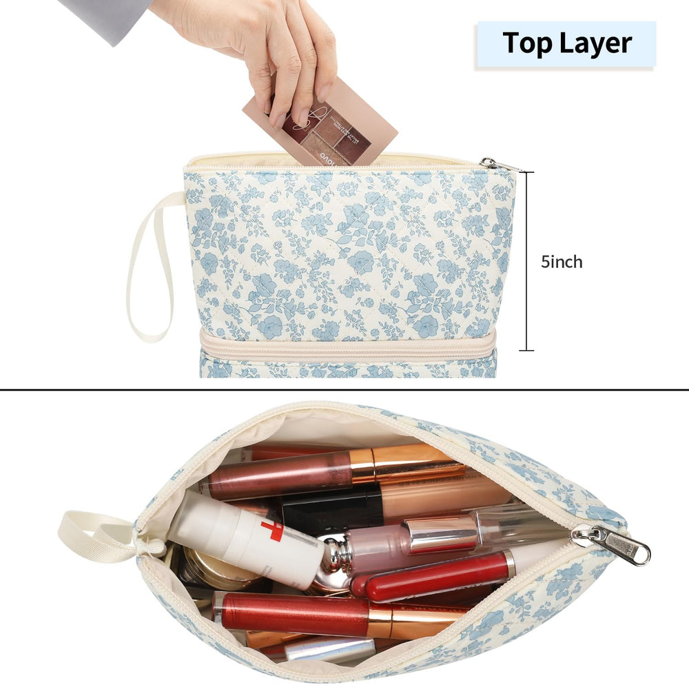 Ethereal small makeup bag lower layer secures brushes for travel-ready setup.