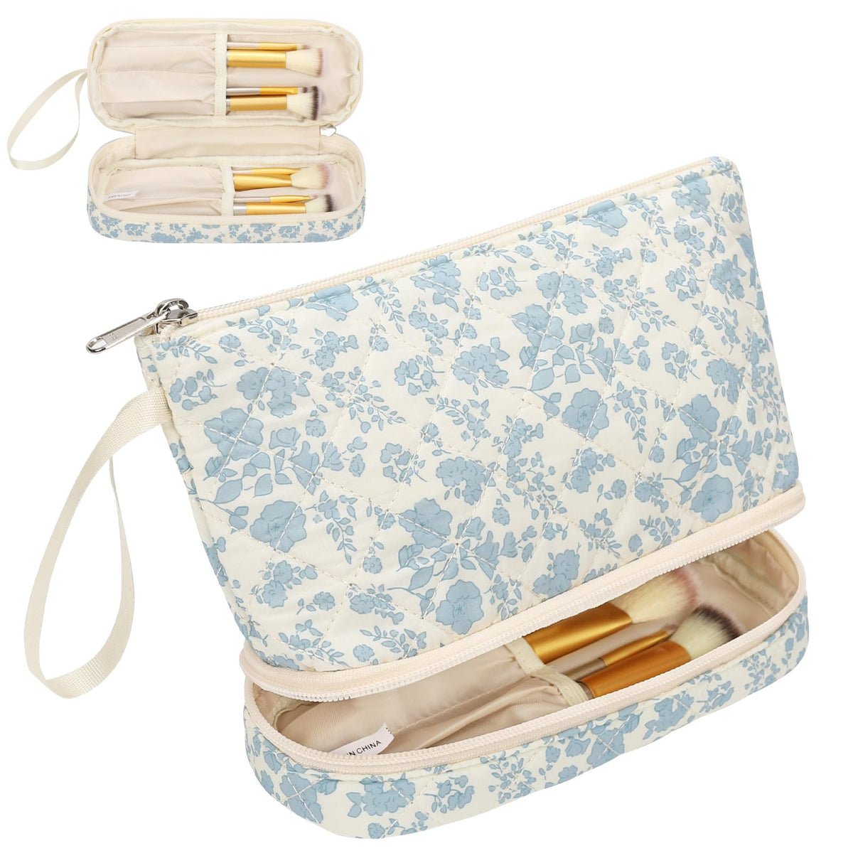 Ethereal small makeup bag top layer keeps lipstick and shadows neatly accessible.