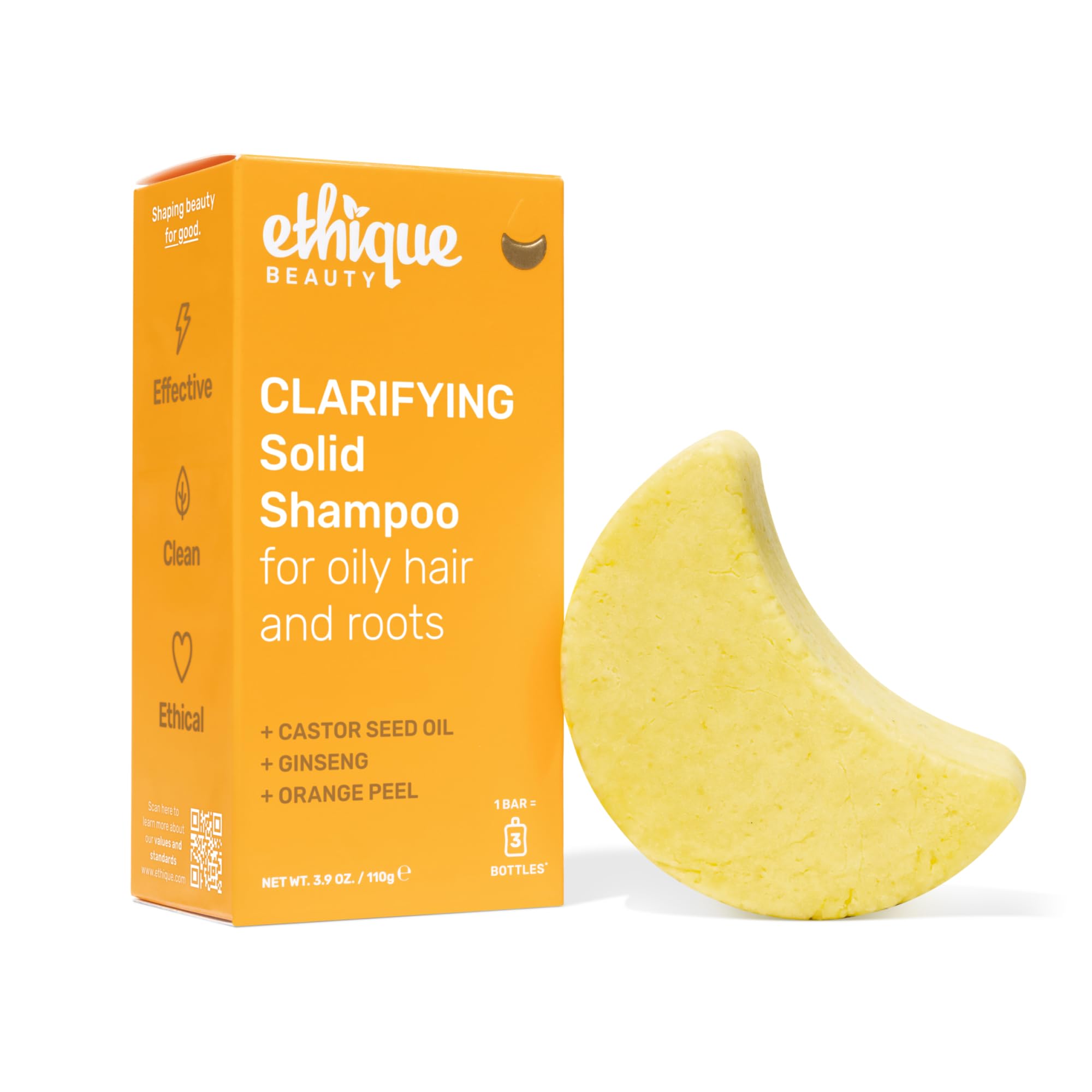 Ethique clarifying shampoo bar with castor oil bottle promoting oil control and scalp refreshment