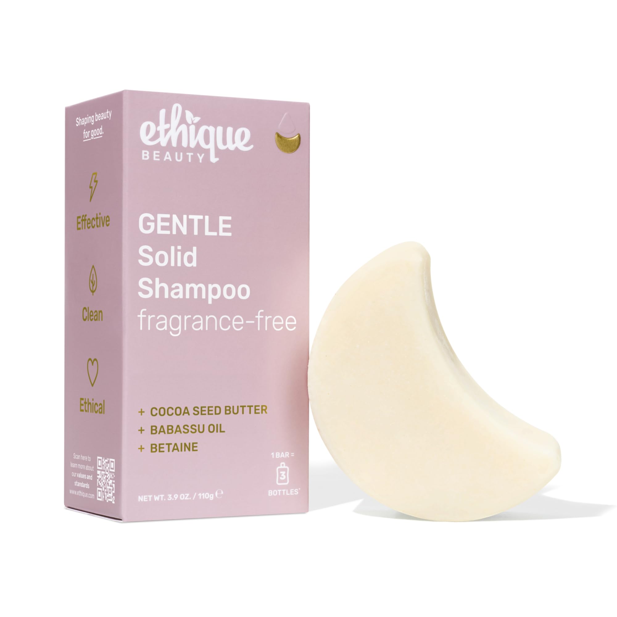 Ethique Gentle Unscented Shampoo Bar front view highlights cocoa butter for soft, manageable hair