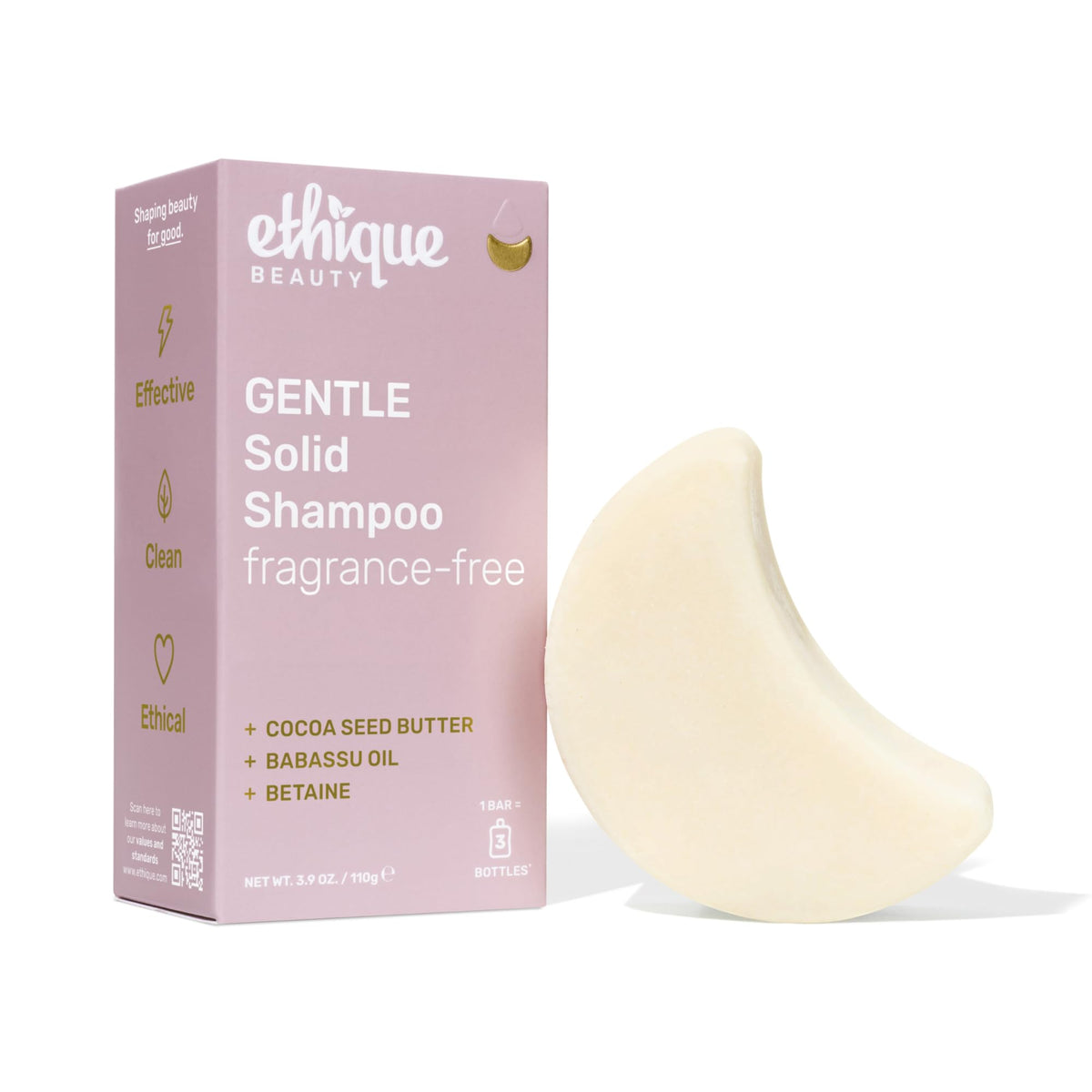 Ethique Gentle Unscented Shampoo Bar front view highlights cocoa butter for soft, manageable hair