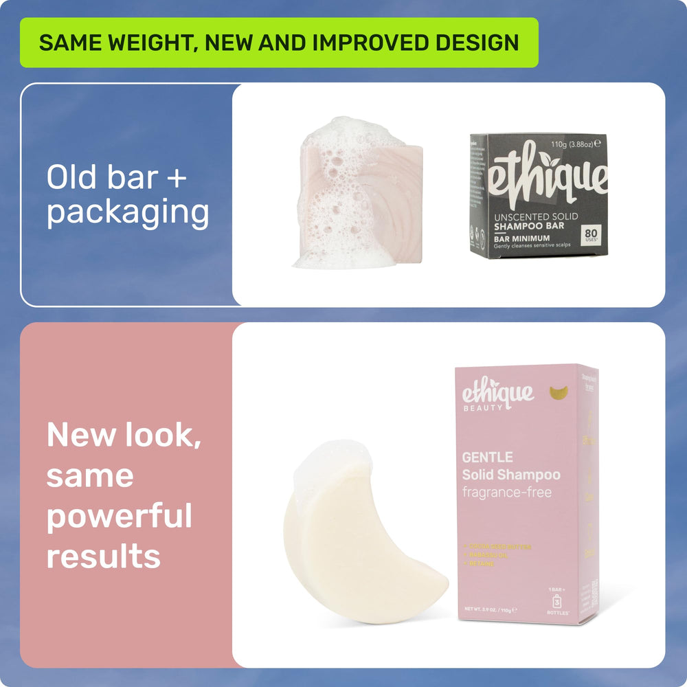 Ethique Gentle Unscented Shampoo Bar packaging emphasizes plastic-free design for eco-conscious routines