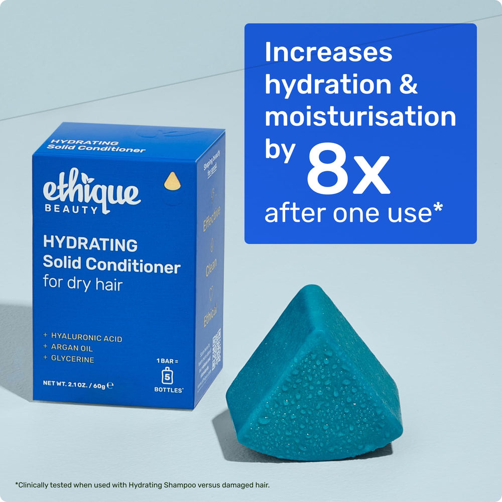 Ethique Hydrating Conditioner Bar glycerine seals hydration for lasting moisture.