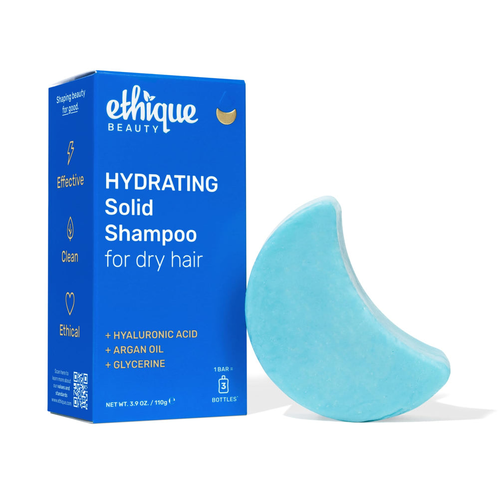 Ethique hydrating shampoo bar packaging highlights eco-friendly plastic-free design for sustainable routines