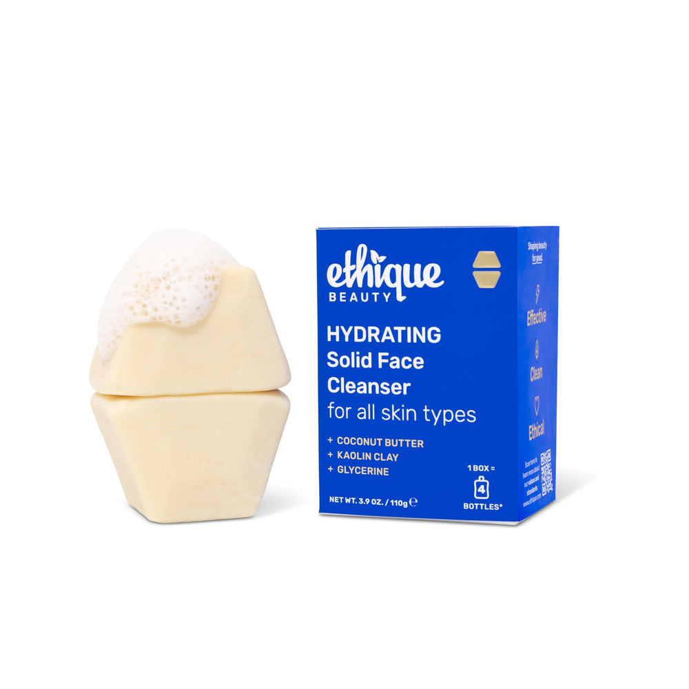 Ethique Hydrating solid face cleanser bar closeup shows creamy coconut texture for gentle cleansing