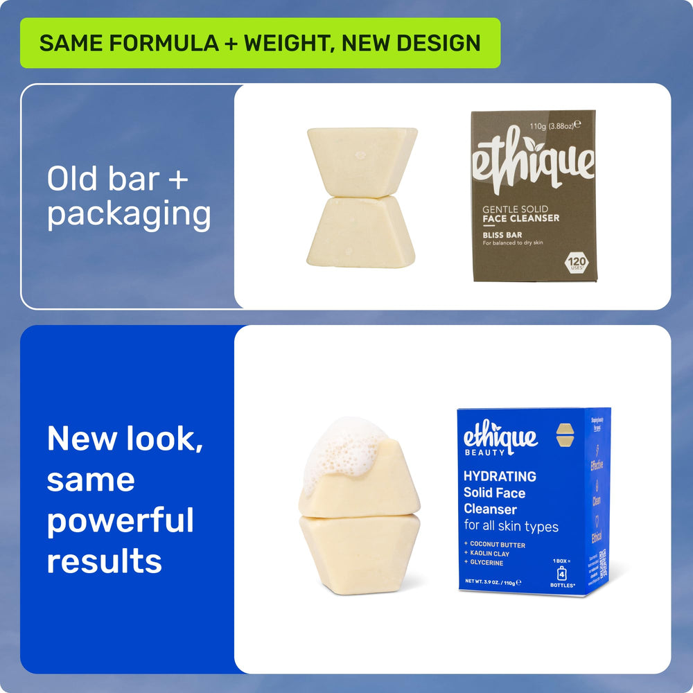 Ethique Hydrating solid cleanser packaging with vegan cruelty-free badge