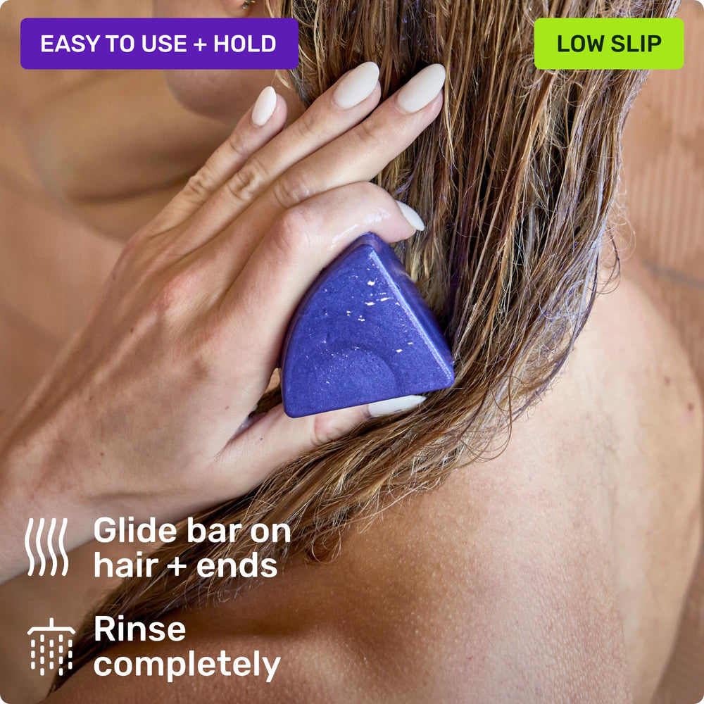 Ethique Purple Conditioner Bar color-safe formula preserves vibrancy on color-treated hair.