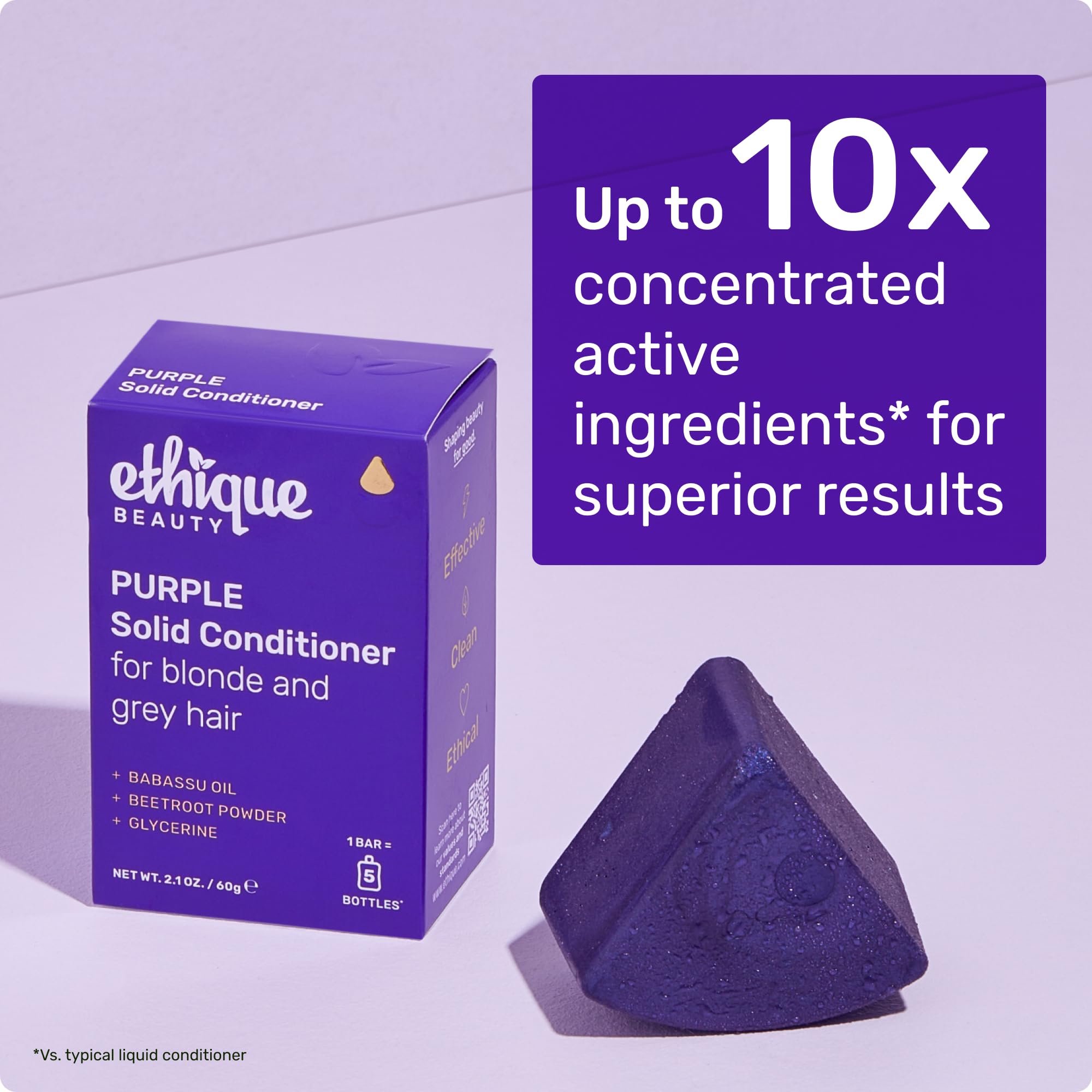 Ethique Purple Conditioner Bar emphasizes eco-conscious packaging and vegan formula.