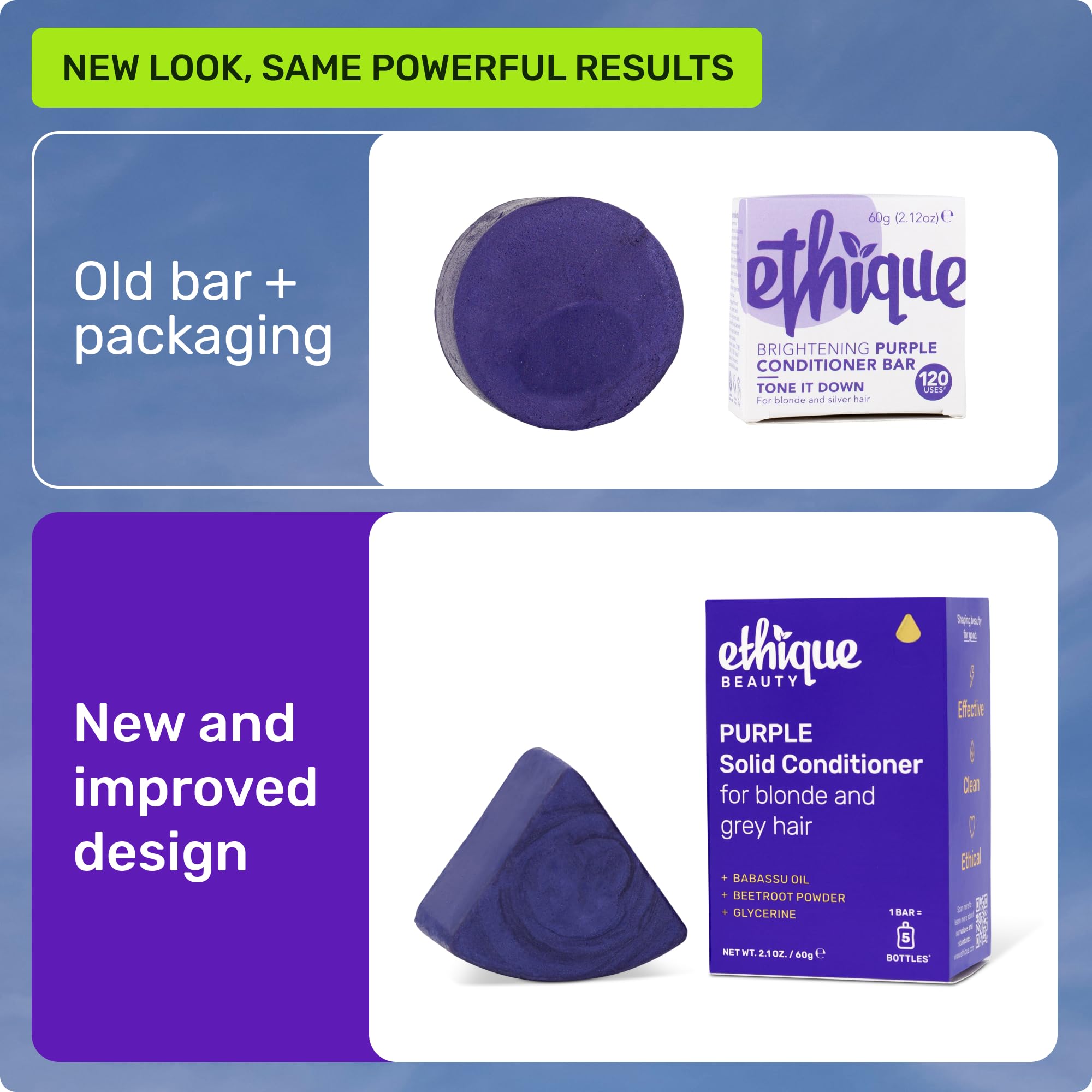 Ethique Purple Conditioner Bar demonstrates shine-tone action on blonde or gray hair.