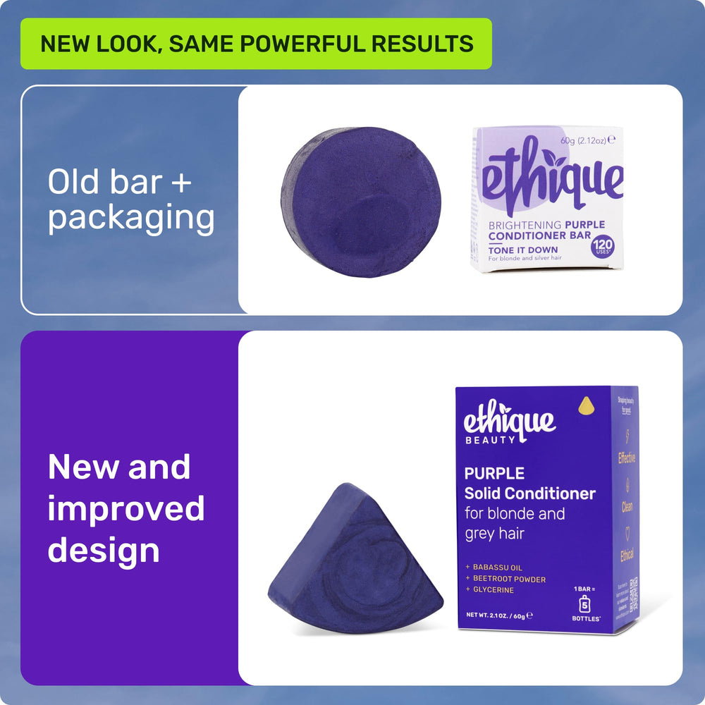 Ethique Purple Conditioner Bar demonstrates shine-tone action on blonde or gray hair.
