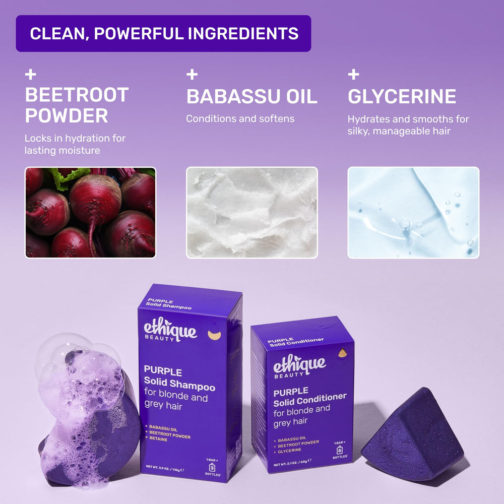 Ethique purple shampoo bar babassu-oil nourishes strands for strengthened, healthier-feeling hair.