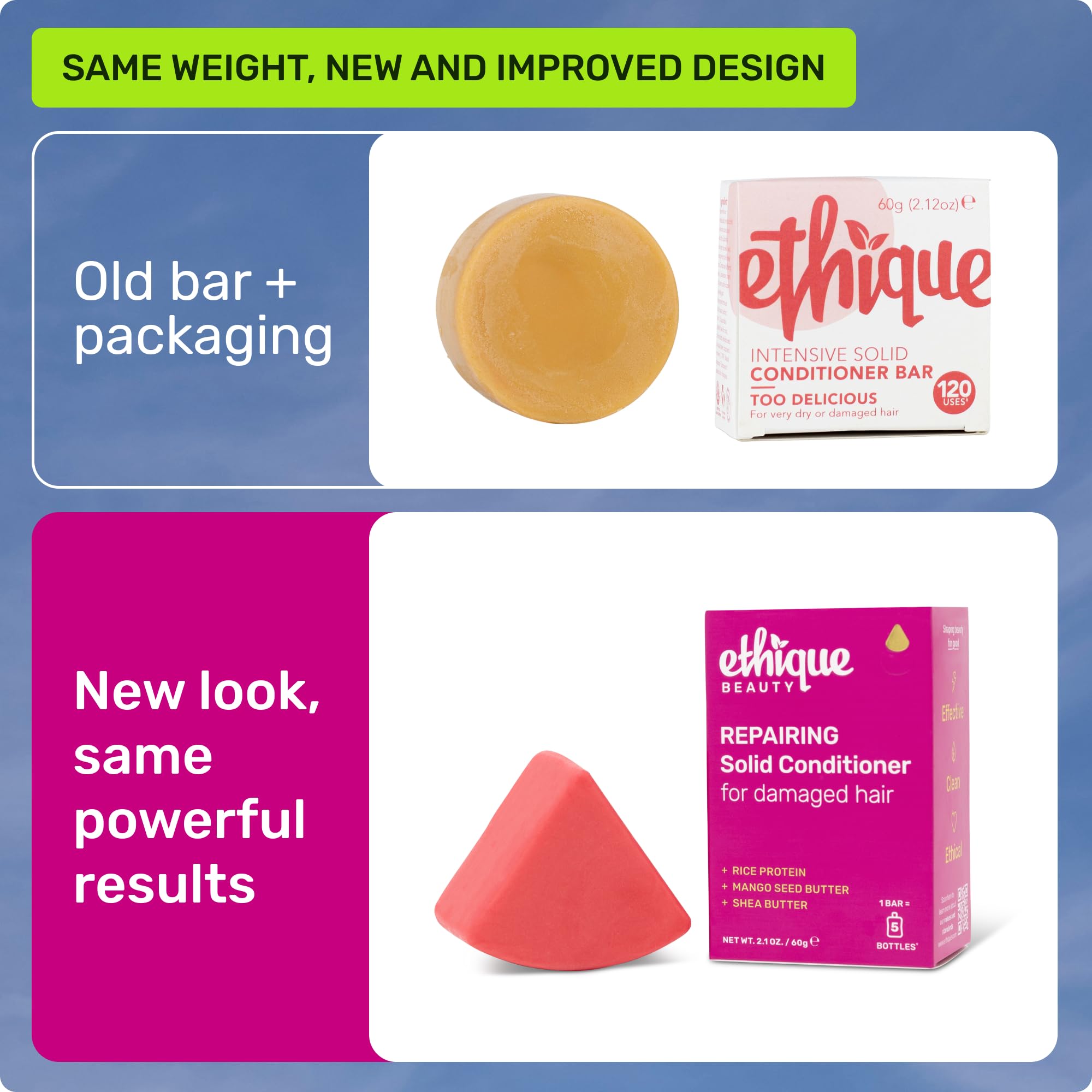 Ethique Repairing Conditioner Bar applying to hair demonstrates smoothing mango seed butter for damaged strands.