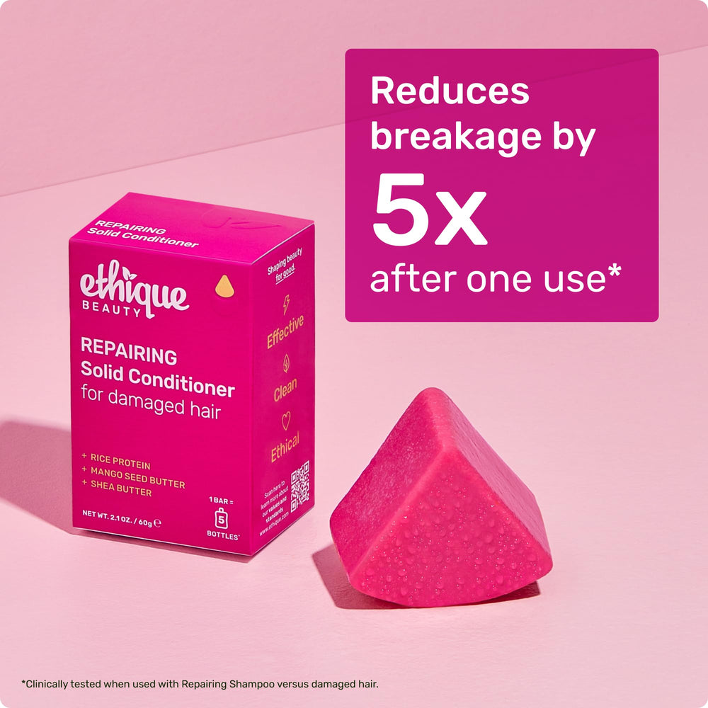 Ethique Repairing Conditioner Bar travel-size tin enables on-the-go routine.