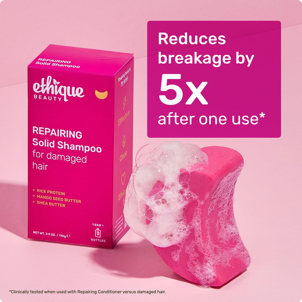 Ethique Repairing Shampoo Bar eco-friendly plastic-free packaging concept.