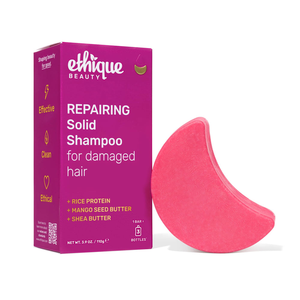 Ethique Repairing Shampoo Bar rice protein close-up showing strengthening formula for dry hair.