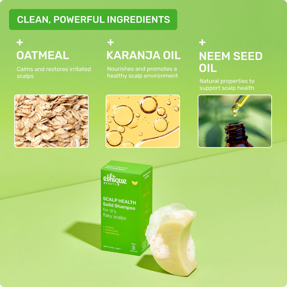 Ethique Scalp Health Shampoo Bar with neem oil close-up supporting scalp balance.