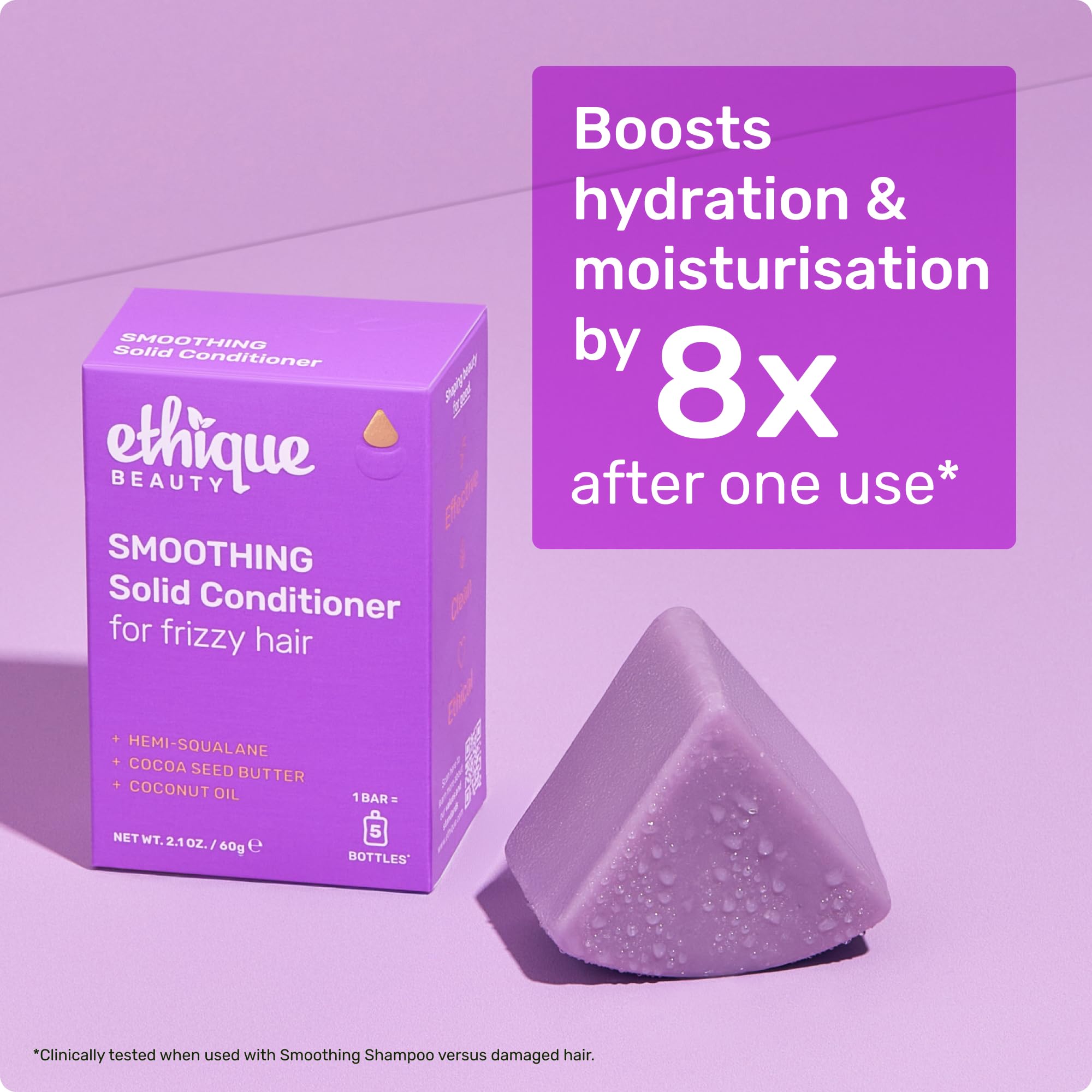 Ethique Smoothing Conditioner Bar applied to hair for sleek, manageable strands