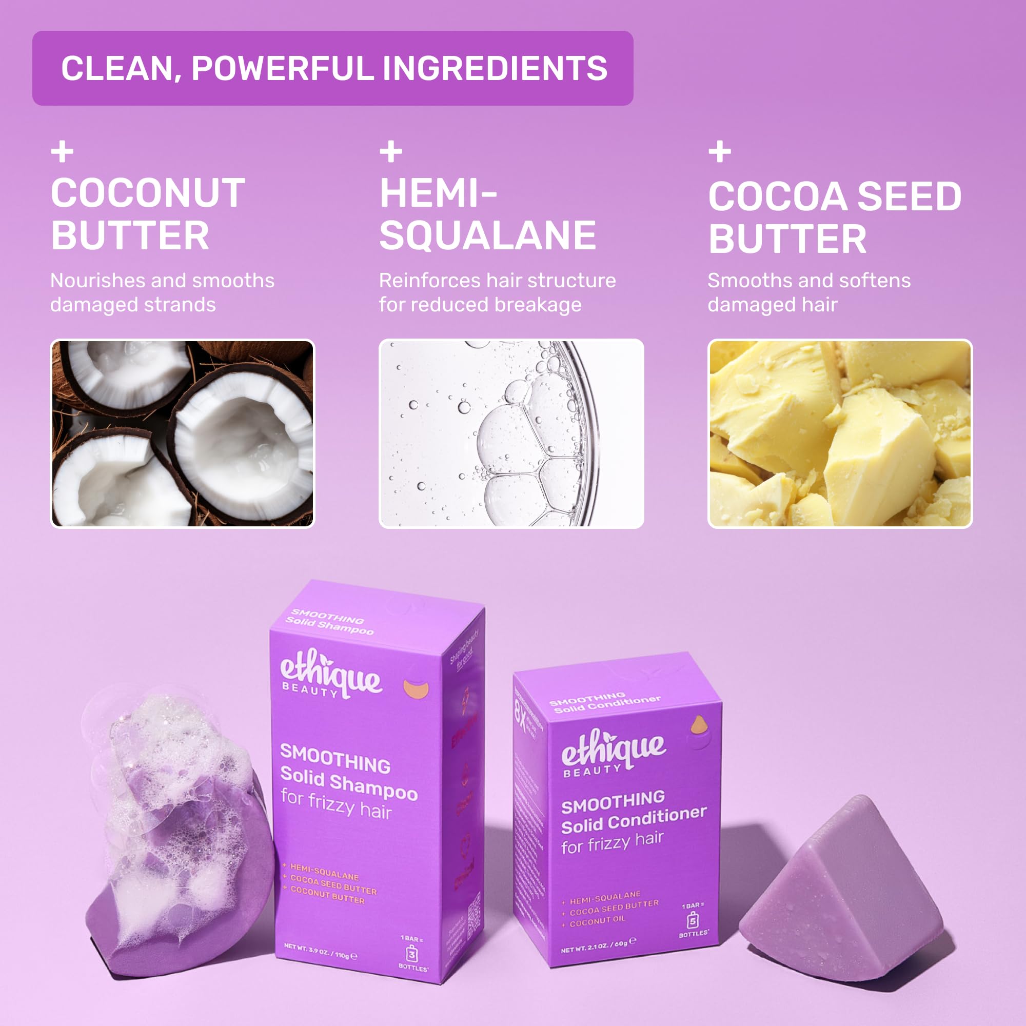 Ethique Smoothing Shampoo Bar smoothing action shown on frizzy hair in the shower.