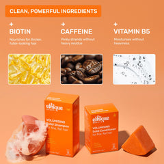 Ethique Volumizing Shampoo Bar held in hand with compact travel size.