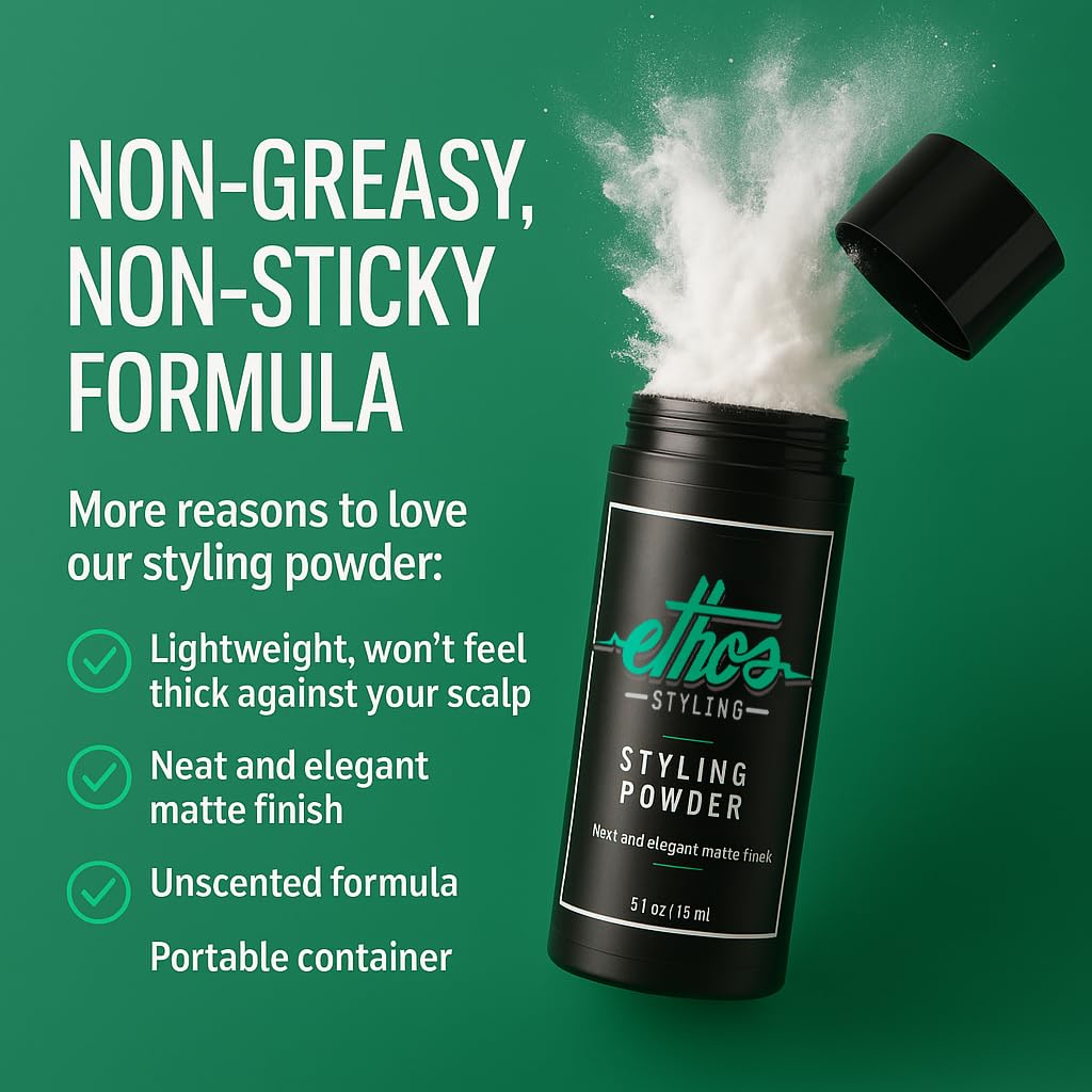 Ethos Styling Texture Powder hair styling finish provides a matte look with all-day hold.