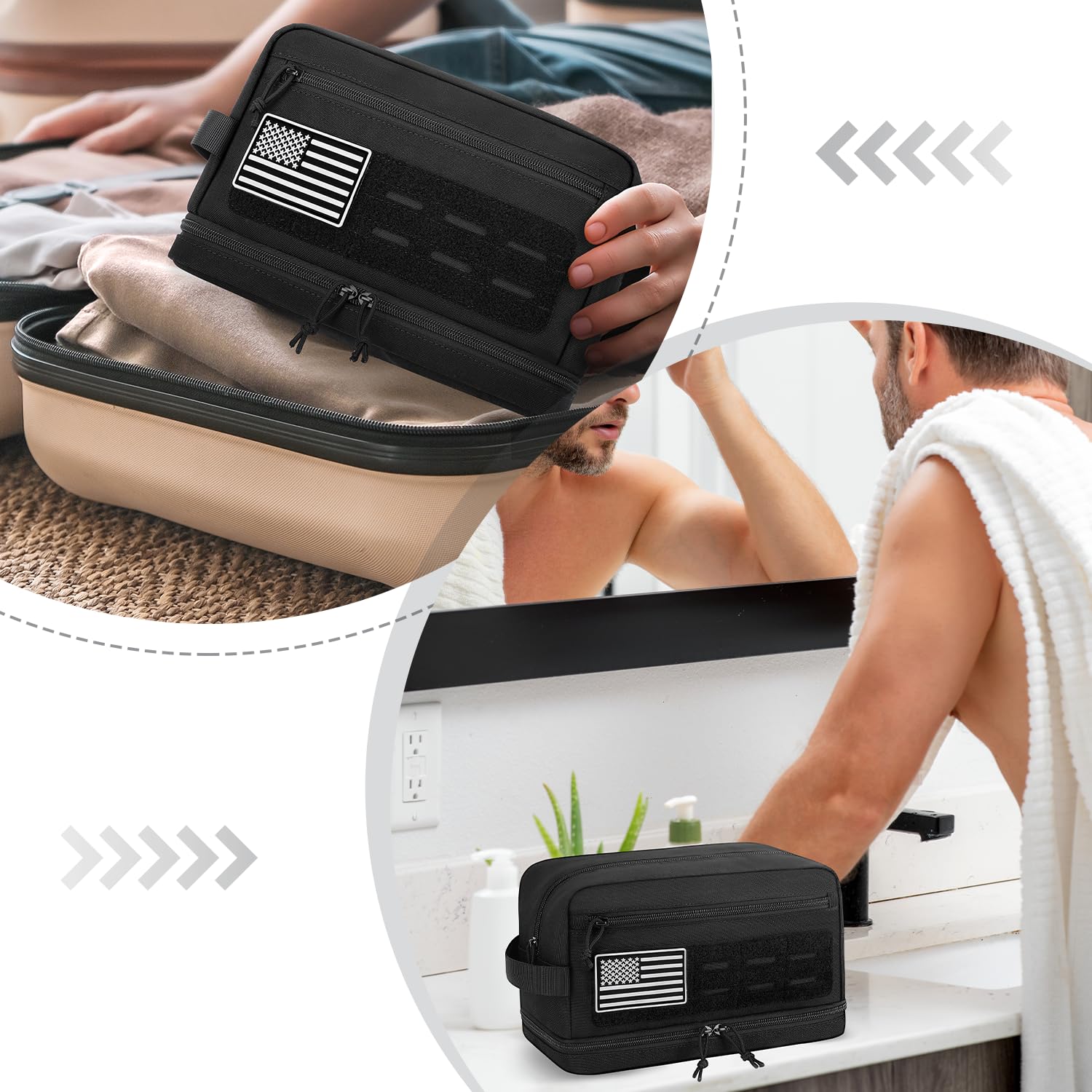 ETRONIK tactical toiletry bag stands upright on any surface.