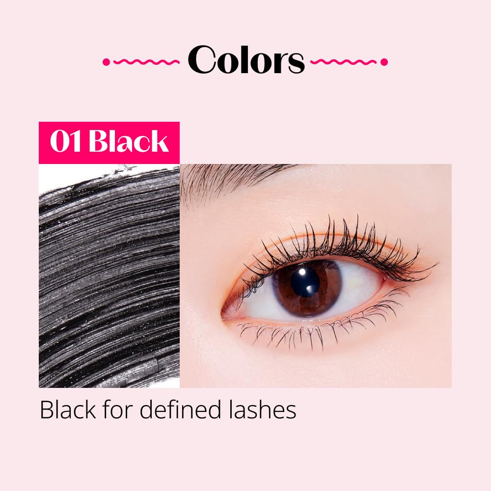 ETUDE Curl Fix Mascara angled brush aids controlled, clump-free curl and definition.
