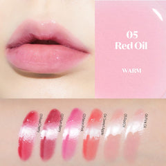 Etude Dear Darling Oil Tint #5 Red Oil swatch on arm reveals vibrant color and shine.