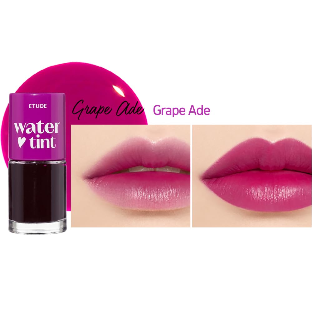 ETUDE Dear Darling Water Tint Grape Ade lip swatches highlight lip and cheek versatility.