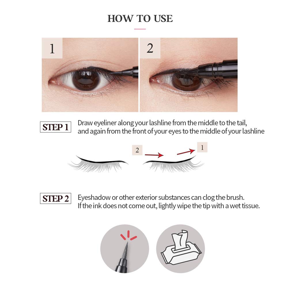 ETUDE Drawing Show Brush Eyeliner easy-clean film-wash removes with lukewarm water.