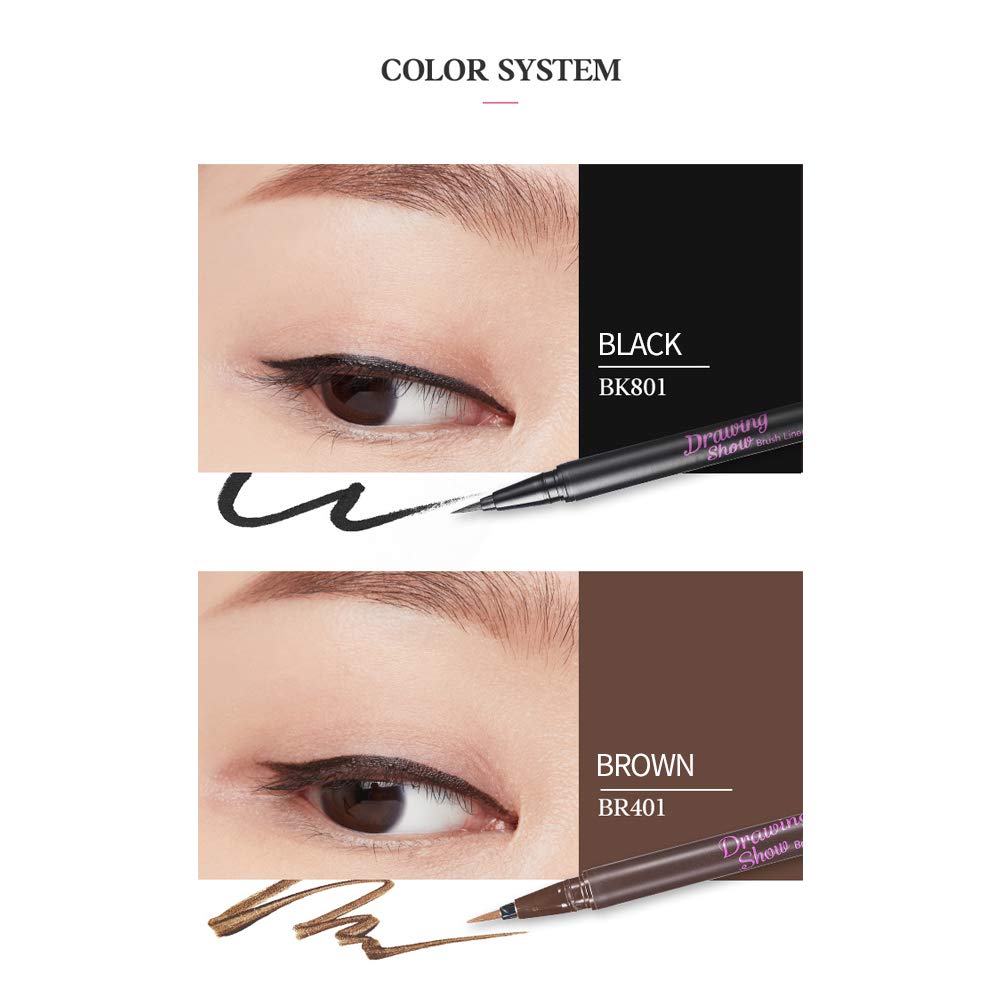 ETUDE Drawing Show Brush Eyeliner soft-pen design enables versatile looks.