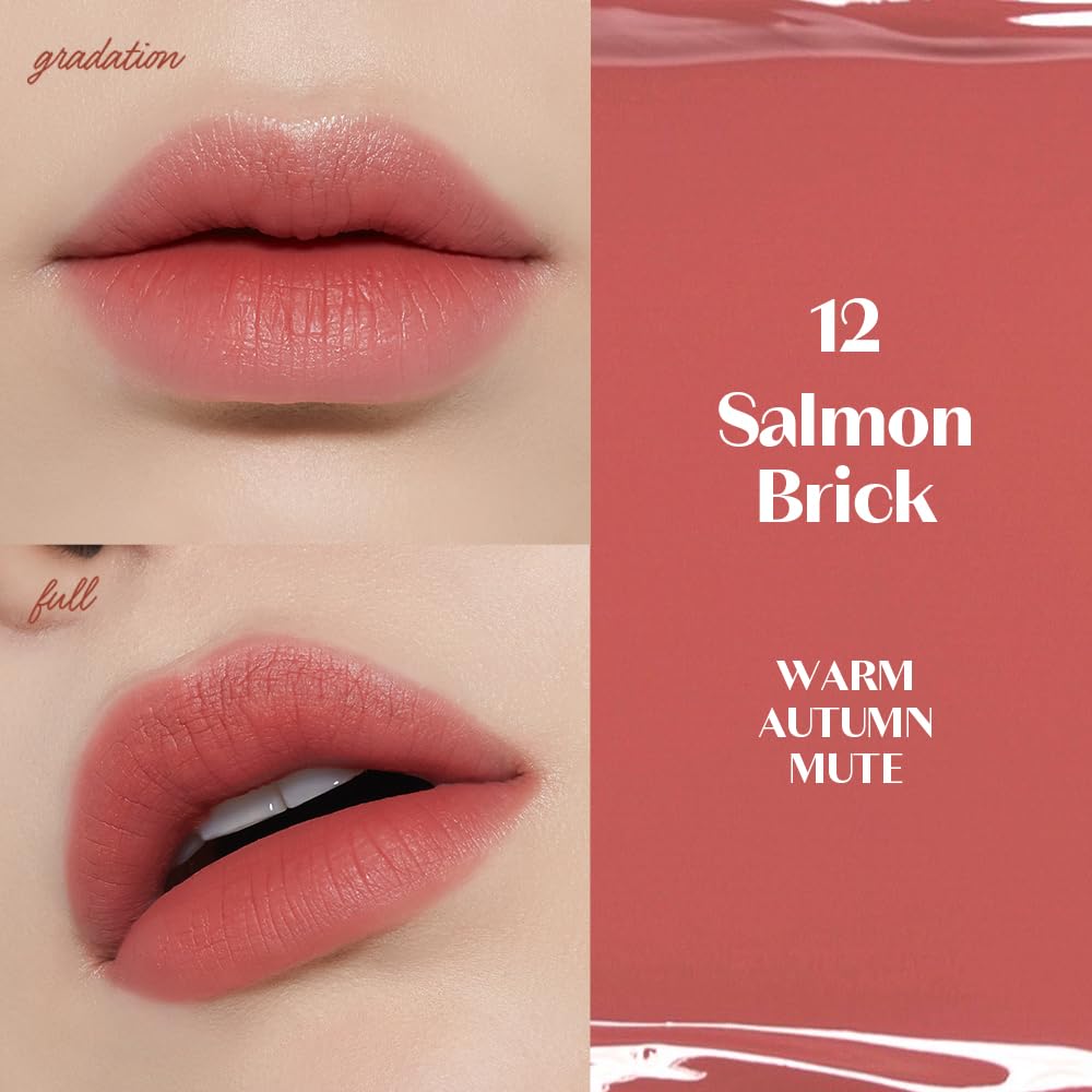 ETUDE Fixing Tint 12 Salmon Brick lip swatch shows long-lasting stain