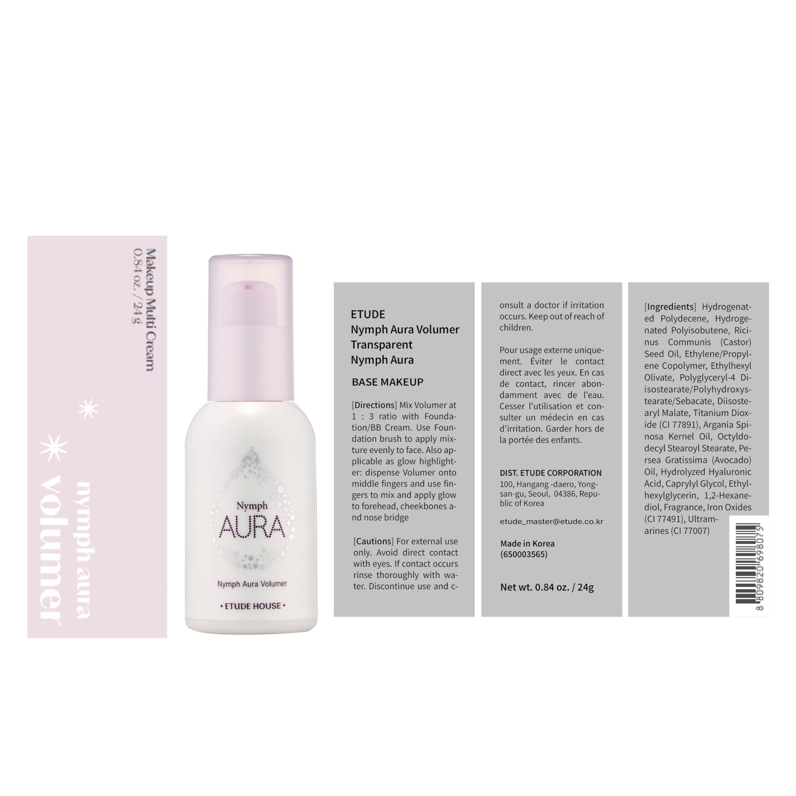 ETUDE Nymph Aura Volumer dewy look on skin after application.
