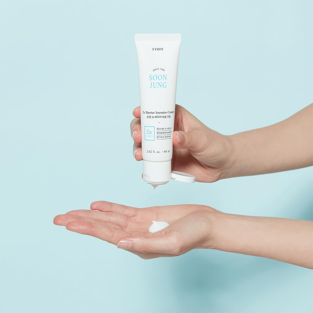 ETUDE SoonJung cream jar showing gentle application for sensitive skin